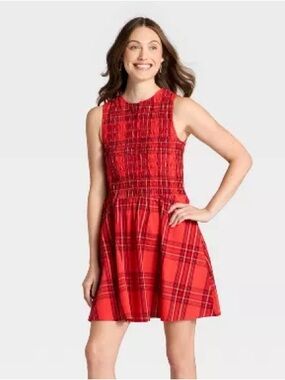 Universal Thread Women's Sleeveless Smocked Mini A-Line Dress - Red Plaid - XL